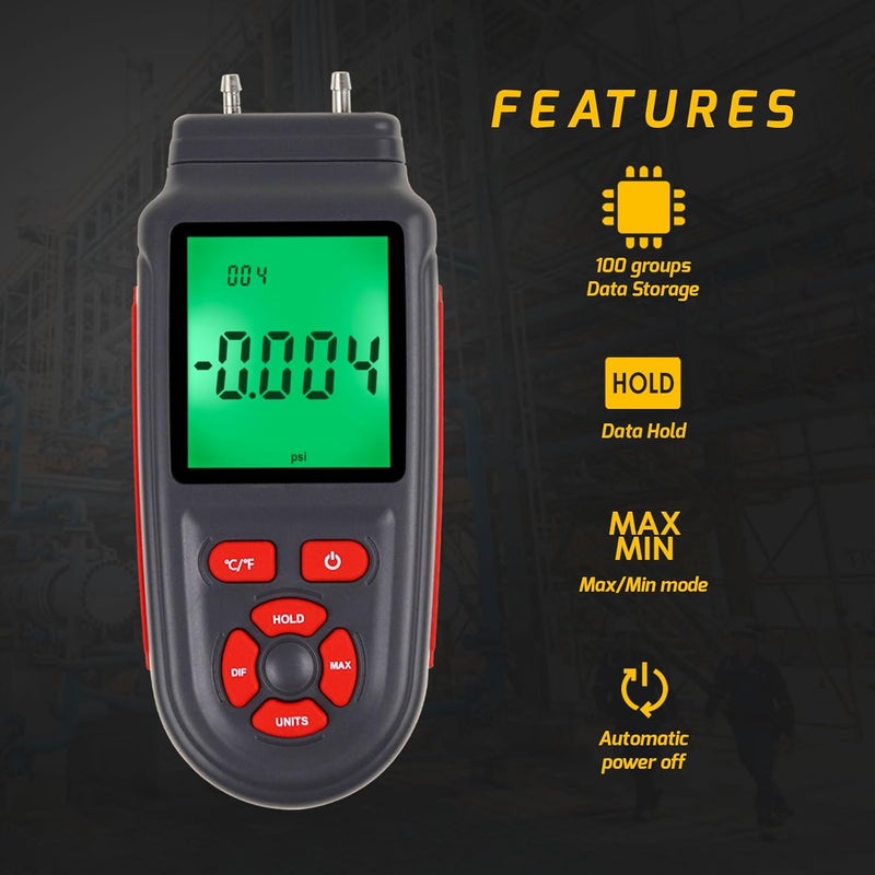 DANOPLUS Manometer Gas Pressure Tester Gauges HVAC 12 Selectable Units Digital Differential Dual Air Pressure Meter Handheld Tester - Image 2